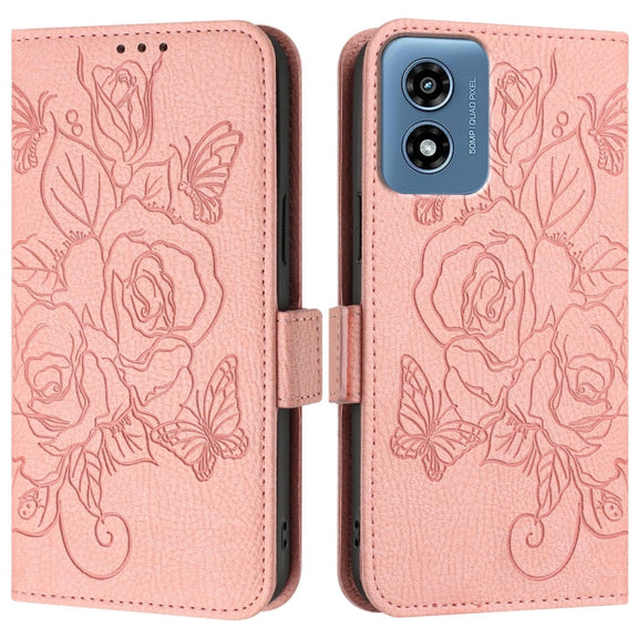 For Motorola Moto G Play 4G 2024 Embossed Rose RFID Anti-theft Leather Phone Case(Pink)