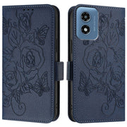 For Motorola Moto G Play 4G 2024 Embossed Rose RFID Anti-theft Leather Phone Case(Dark Blue)