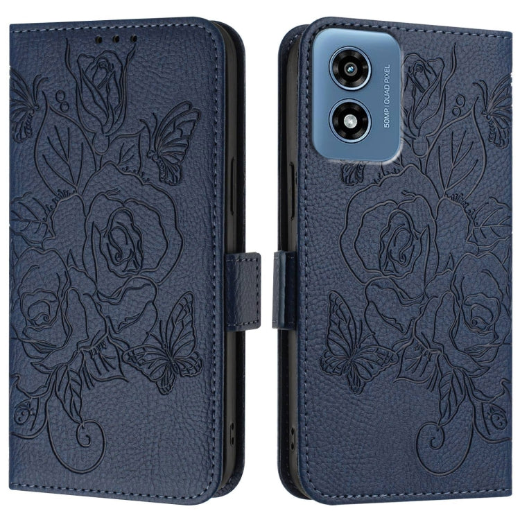 For Motorola Moto G Play 4G 2024 Embossed Rose RFID Anti-theft Leather Phone Case(Dark Blue)