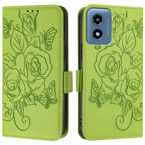 For Motorola Moto G Play 5G / G 5G 2024 Embossed Rose RFID Anti-theft Leather Phone Case(Green)