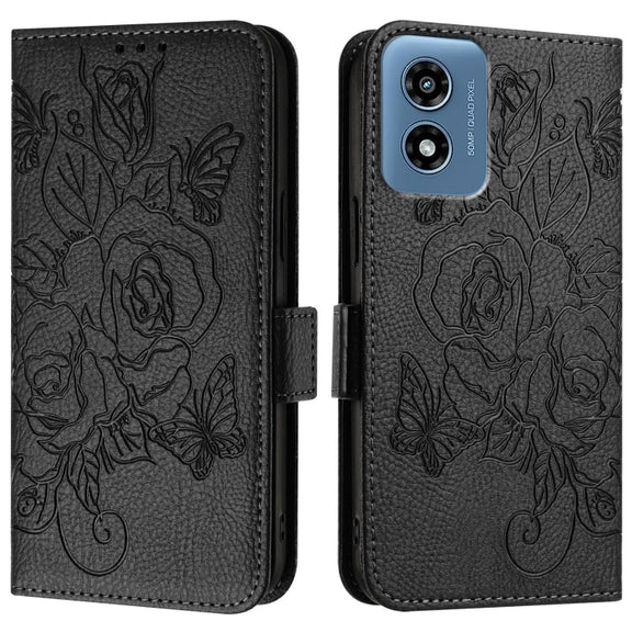 For Motorola Moto G Play 5G / G 5G 2024 Embossed Rose RFID Anti-theft Leather Phone Case(Black)