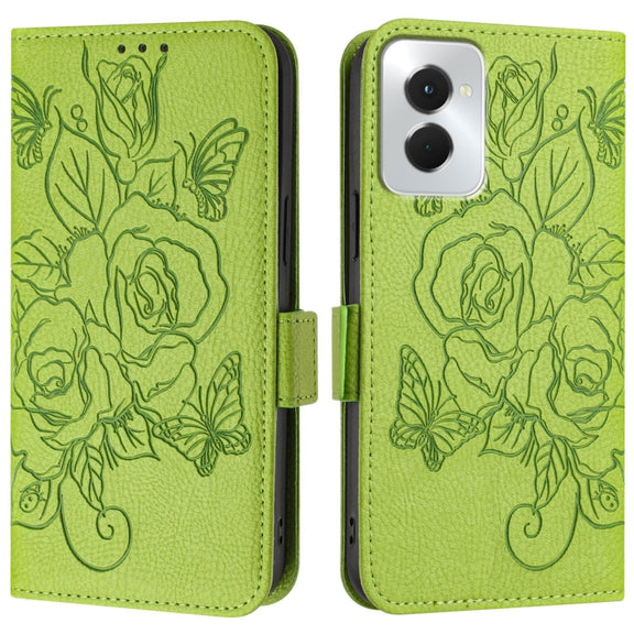 For Motorola Moto G Power 5G 2024 Embossed Rose RFID Anti-theft Leather Phone Case(Green)