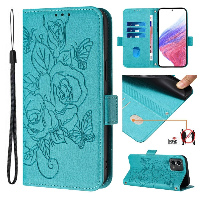 For Motorola Moto G Stylus 5G 2024 Embossed Rose RFID Anti-theft Leather Phone Case(Light Blue) - Motorola Cases by PMC Jewellery | Online Shopping South Africa | PMC Jewellery | Buy Now Pay Later Mobicred