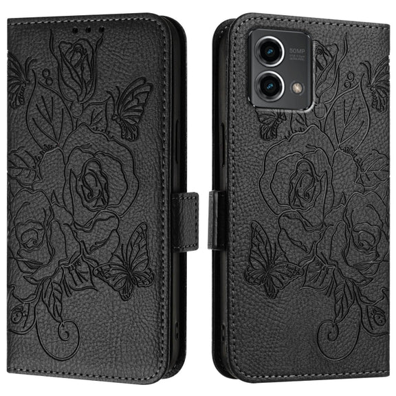 For Motorola Moto G Stylus 5G 2024 Embossed Rose RFID Anti-theft Leather Phone Case(Black)