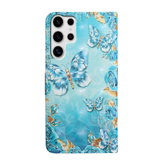 For Samsung Galaxy S25 Ultra 5G Oil Embossed 3D Drawing Leather Phone Case(Blue Butterflies)