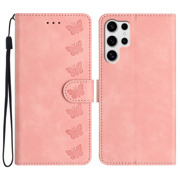 For Samsung Galaxy S25 Ultra 5G Seven Butterflies Embossed Leather Phone Case(Pink)