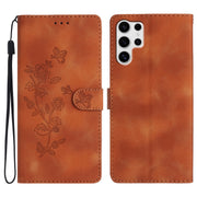 For Samsung Galaxy S25 Ultra 5G Flower Butterfly Embossing Pattern Leather Phone Case(Brown)