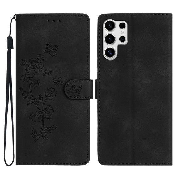 For Samsung Galaxy S25 Ultra 5G Flower Butterfly Embossing Pattern Leather Phone Case(Black)