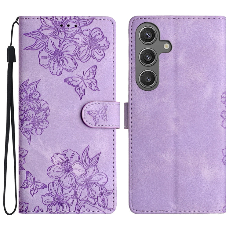 For Samsung Galaxy S25 5G Cherry Blossom Butterfly Skin Feel Embossed PU Phone Case(Purple)