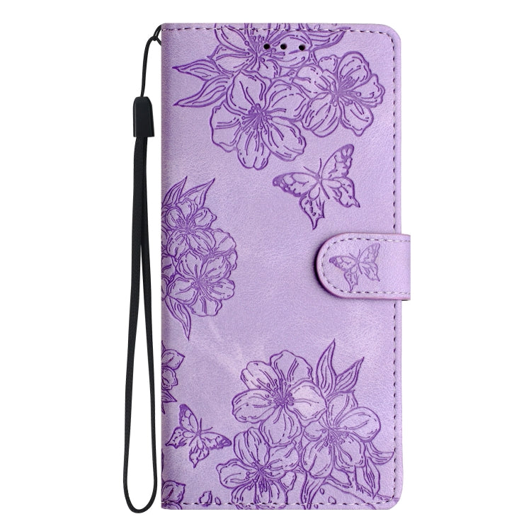 For Samsung Galaxy S25 5G Cherry Blossom Butterfly Skin Feel Embossed PU Phone Case(Purple)