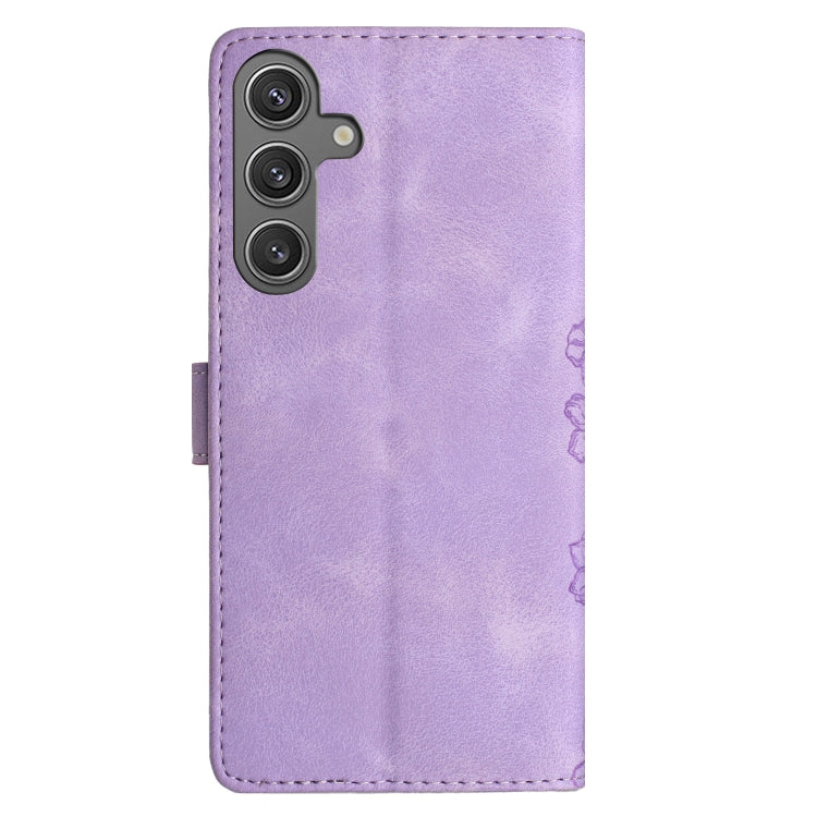 For Samsung Galaxy S25 5G Cherry Blossom Butterfly Skin Feel Embossed PU Phone Case(Purple)