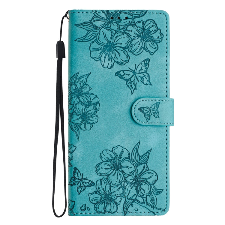 For Samsung Galaxy S25 5G Cherry Blossom Butterfly Skin Feel Embossed PU Phone Case(Green)