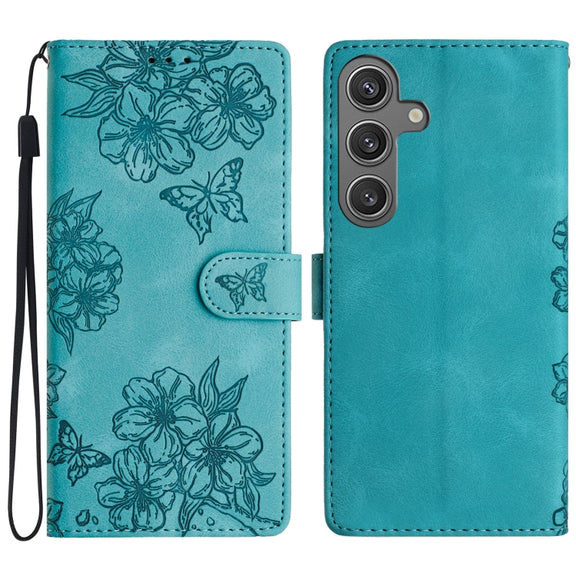 For Samsung Galaxy S25 5G Cherry Blossom Butterfly Skin Feel Embossed PU Phone Case(Green)