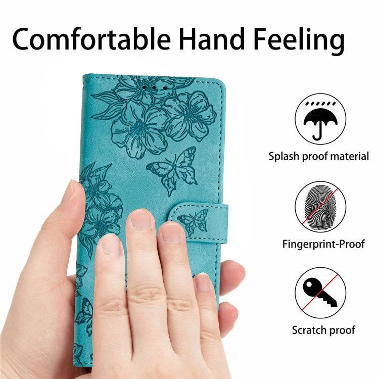 For Samsung Galaxy S25 5G Cherry Blossom Butterfly Skin Feel Embossed PU Phone Case(Green)
