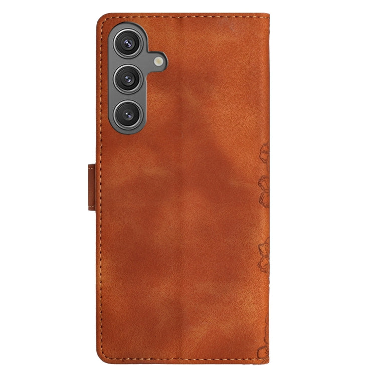 For Samsung Galaxy S25 5G Cherry Blossom Butterfly Skin Feel Embossed PU Phone Case(Brown)
