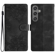 For Samsung Galaxy S25 5G Cherry Blossom Butterfly Skin Feel Embossed PU Phone Case(Black)