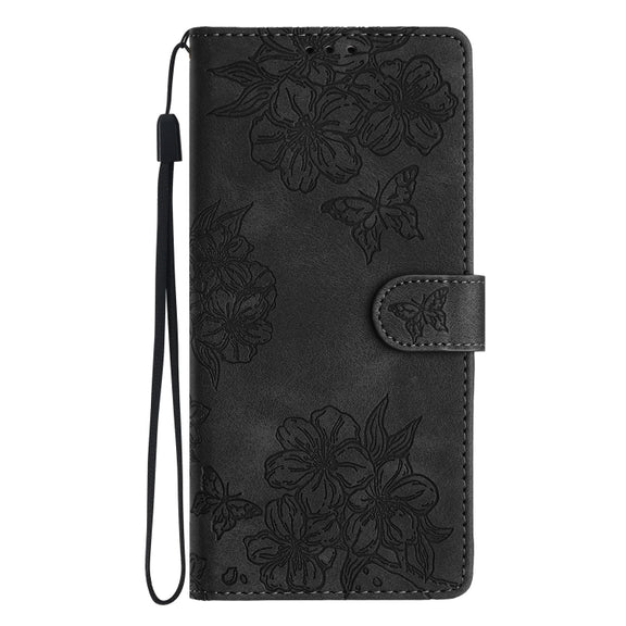 For Samsung Galaxy S25 5G Cherry Blossom Butterfly Skin Feel Embossed PU Phone Case(Black)