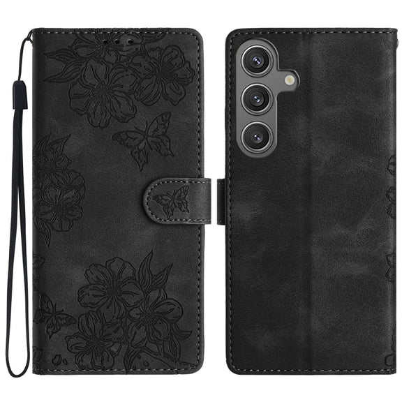 For Samsung Galaxy S25 5G Cherry Blossom Butterfly Skin Feel Embossed PU Phone Case(Black)