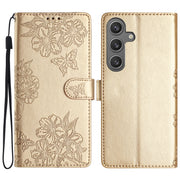 For Samsung Galaxy S25 5G Cherry Blossom Butterfly Skin Feel Embossed PU Phone Case(Gold)