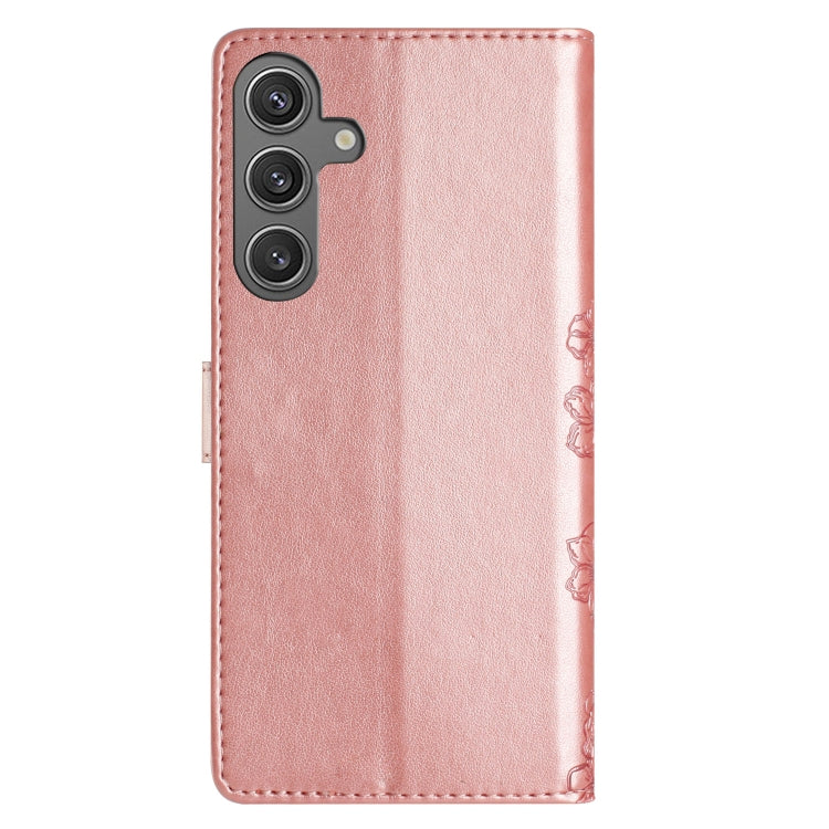 For Samsung Galaxy S25 5G Cherry Blossom Butterfly Skin Feel Embossed PU Phone Case(Rose Gold)