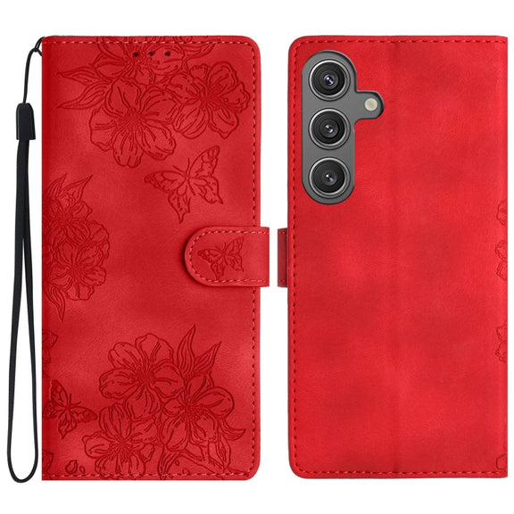 For Samsung Galaxy S25+ 5G Cherry Blossom Butterfly Skin Feel Embossed PU Phone Case(Red)