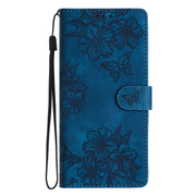 For Samsung Galaxy S25+ 5G Cherry Blossom Butterfly Skin Feel Embossed PU Phone Case(Blue)