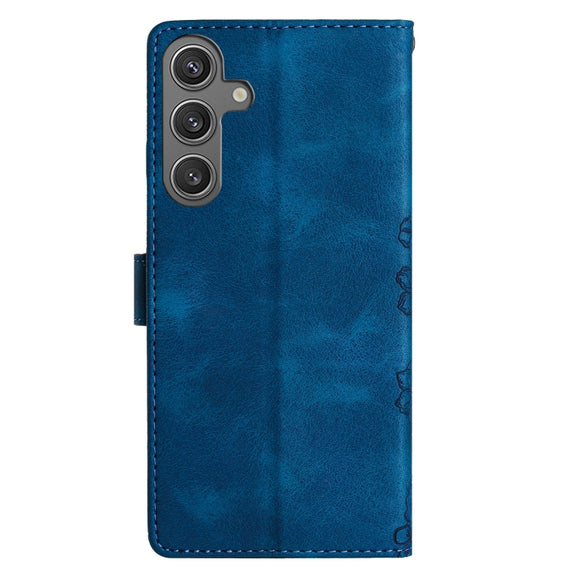 For Samsung Galaxy S25+ 5G Cherry Blossom Butterfly Skin Feel Embossed PU Phone Case(Blue)
