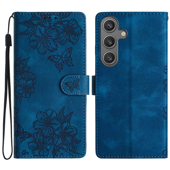 For Samsung Galaxy S25+ 5G Cherry Blossom Butterfly Skin Feel Embossed PU Phone Case(Blue)
