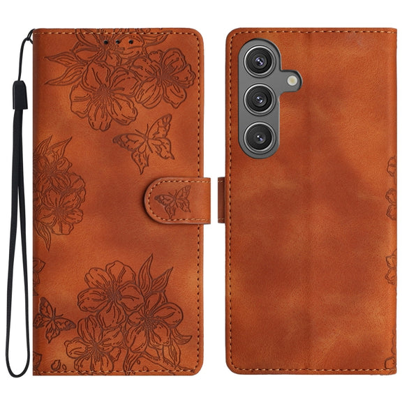 For Samsung Galaxy S25+ 5G Cherry Blossom Butterfly Skin Feel Embossed PU Phone Case(Brown)