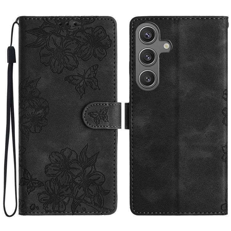 For Samsung Galaxy S25+ 5G Cherry Blossom Butterfly Skin Feel Embossed PU Phone Case(Black) - free shipping - PMC Jewellery - Order now!