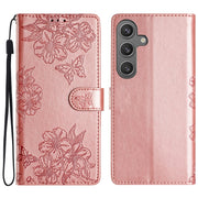 For Samsung Galaxy S25+ 5G Cherry Blossom Butterfly Skin Feel Embossed PU Phone Case(Rose Gold)
