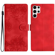 For Samsung Galaxy S25 Ultra 5G Cherry Blossom Butterfly Skin Feel Embossed PU Phone Case(Red)
