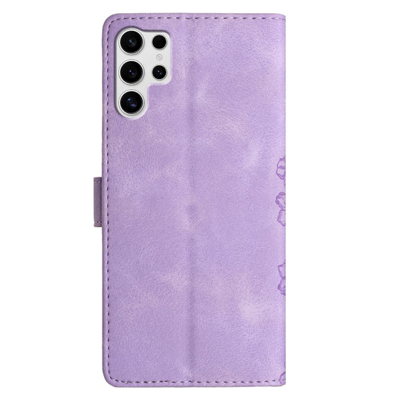 For Samsung Galaxy S25 Ultra 5G Cherry Blossom Butterfly Skin Feel Embossed PU Phone Case(Purple)