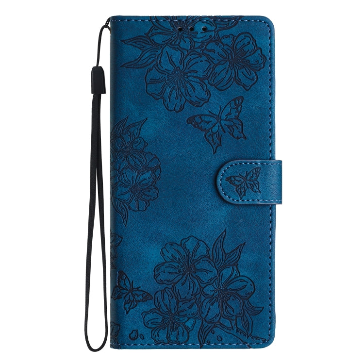 For Samsung Galaxy S25 Ultra 5G Cherry Blossom Butterfly Skin Feel Embossed PU Phone Case(Blue)