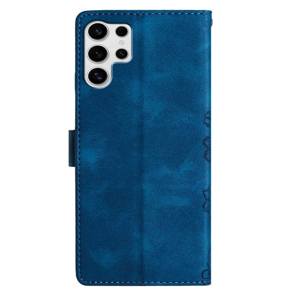 For Samsung Galaxy S25 Ultra 5G Cherry Blossom Butterfly Skin Feel Embossed PU Phone Case(Blue)