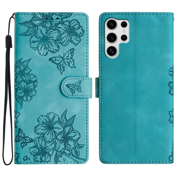 For Samsung Galaxy S25 Ultra 5G Cherry Blossom Butterfly Skin Feel Embossed PU Phone Case(Green)
