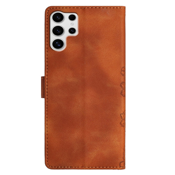 For Samsung Galaxy S25 Ultra 5G Cherry Blossom Butterfly Skin Feel Embossed PU Phone Case(Brown)