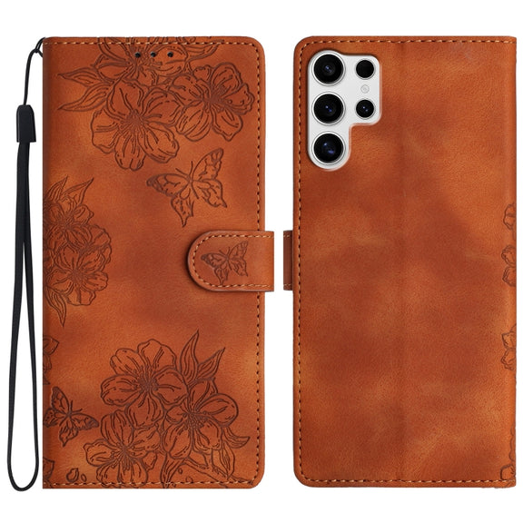 For Samsung Galaxy S25 Ultra 5G Cherry Blossom Butterfly Skin Feel Embossed PU Phone Case(Brown)