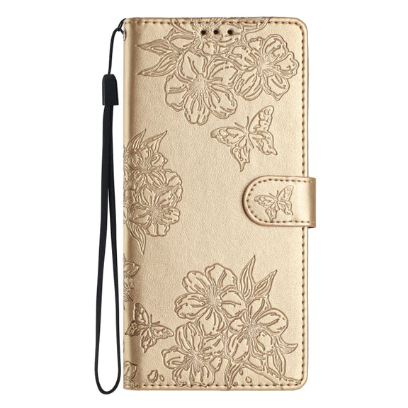 For Samsung Galaxy S25 Ultra 5G Cherry Blossom Butterfly Skin Feel Embossed PU Phone Case(Gold)