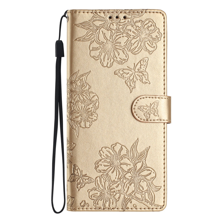 For Samsung Galaxy S25 Ultra 5G Cherry Blossom Butterfly Skin Feel Embossed PU Phone Case(Gold)