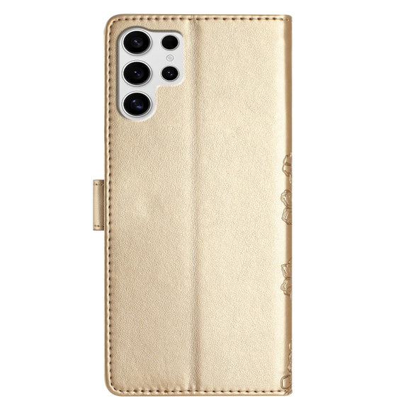 For Samsung Galaxy S25 Ultra 5G Cherry Blossom Butterfly Skin Feel Embossed PU Phone Case(Gold)