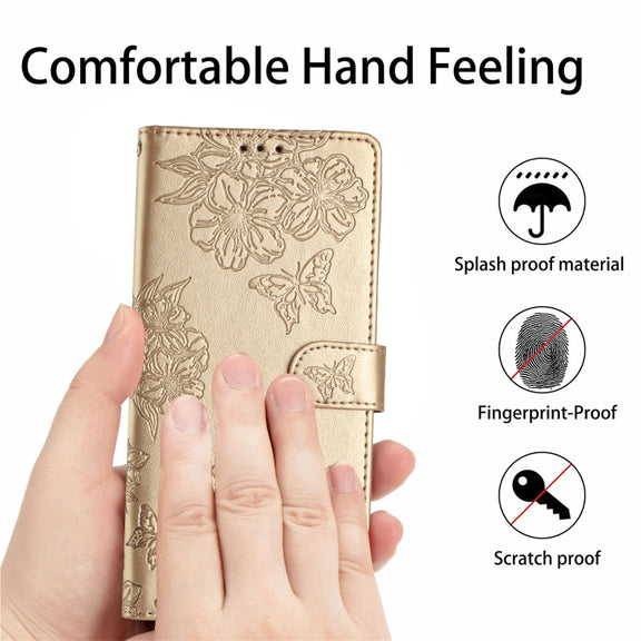 For Samsung Galaxy S25 Ultra 5G Cherry Blossom Butterfly Skin Feel Embossed PU Phone Case(Gold)