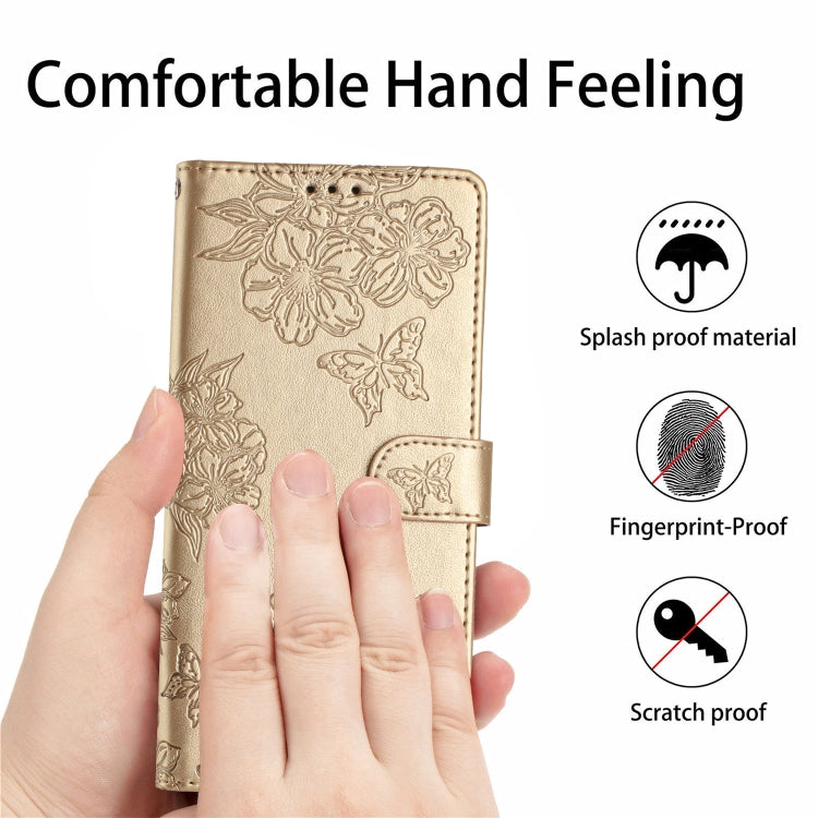 For Samsung Galaxy S25 Ultra 5G Cherry Blossom Butterfly Skin Feel Embossed PU Phone Case(Gold)