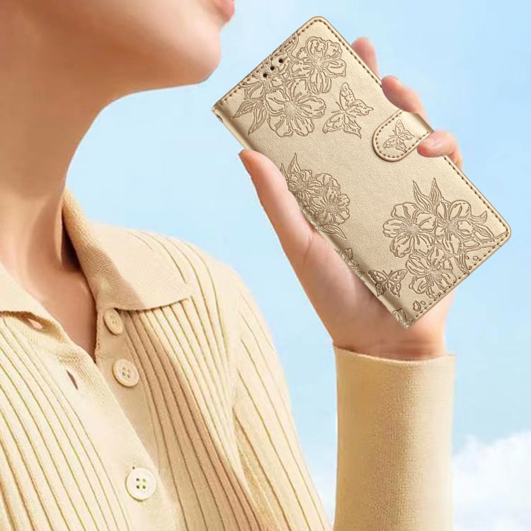 For Samsung Galaxy S25 Ultra 5G Cherry Blossom Butterfly Skin Feel Embossed PU Phone Case(Gold)