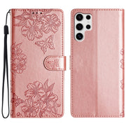 For Samsung Galaxy S25 Ultra 5G Cherry Blossom Butterfly Skin Feel Embossed PU Phone Case(Rose Gold)
