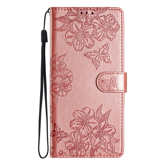 For Samsung Galaxy S25 Ultra 5G Cherry Blossom Butterfly Skin Feel Embossed PU Phone Case(Rose Gold)