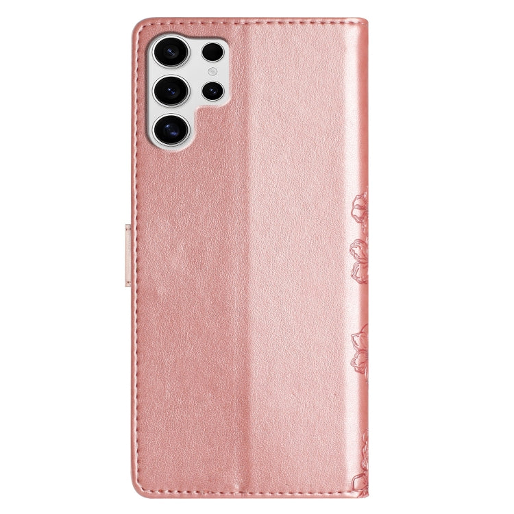 For Samsung Galaxy S25 Ultra 5G Cherry Blossom Butterfly Skin Feel Embossed PU Phone Case(Rose Gold)