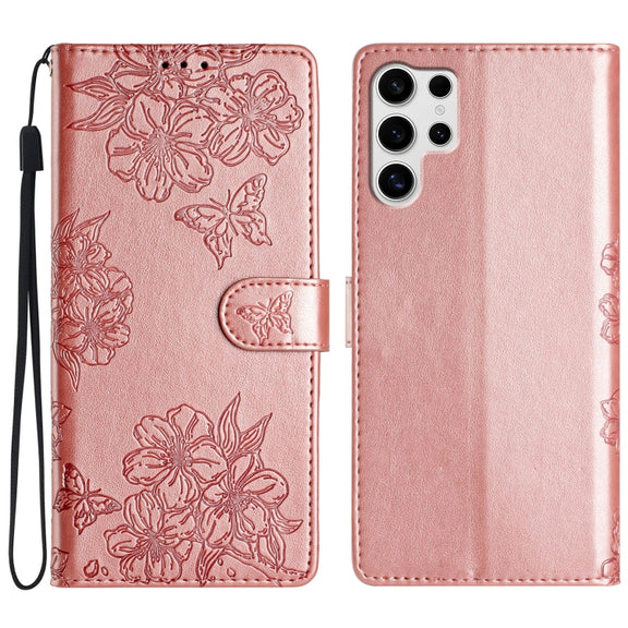 For Samsung Galaxy S25 Ultra 5G Cherry Blossom Butterfly Skin Feel Embossed PU Phone Case(Rose Gold)