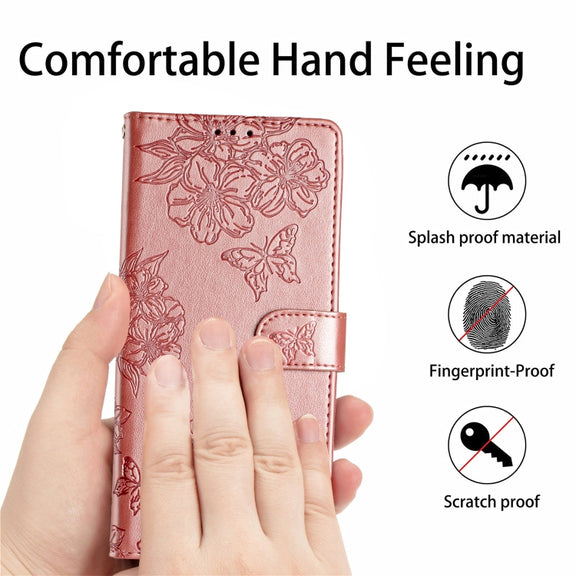 For Samsung Galaxy S25 Ultra 5G Cherry Blossom Butterfly Skin Feel Embossed PU Phone Case(Rose Gold)