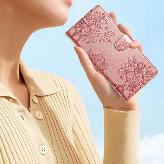 For Samsung Galaxy S25 Ultra 5G Cherry Blossom Butterfly Skin Feel Embossed PU Phone Case(Rose Gold)